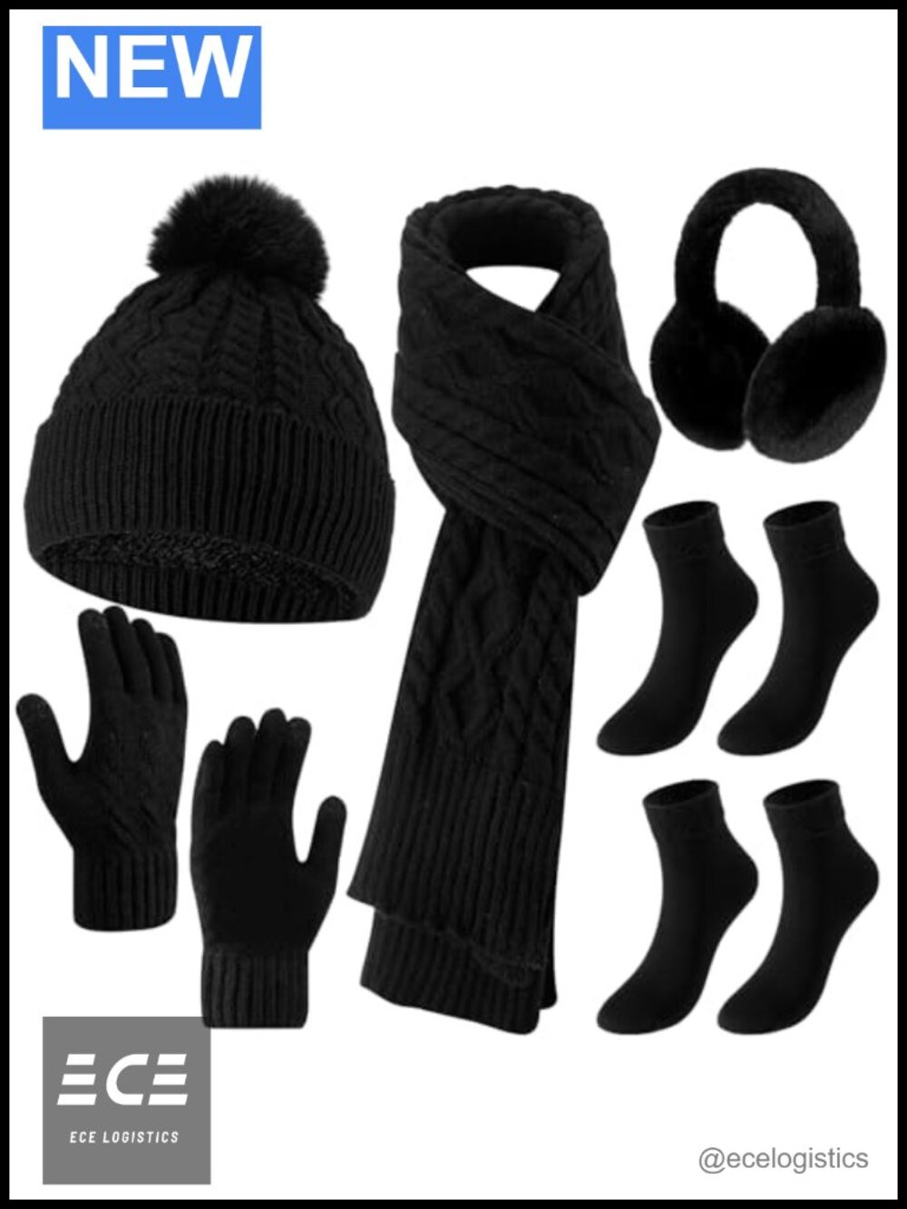 6 PC Winter Warm Set Acrylic Hat Scarf Touchscreen Gloves Ear Cuffs Socks